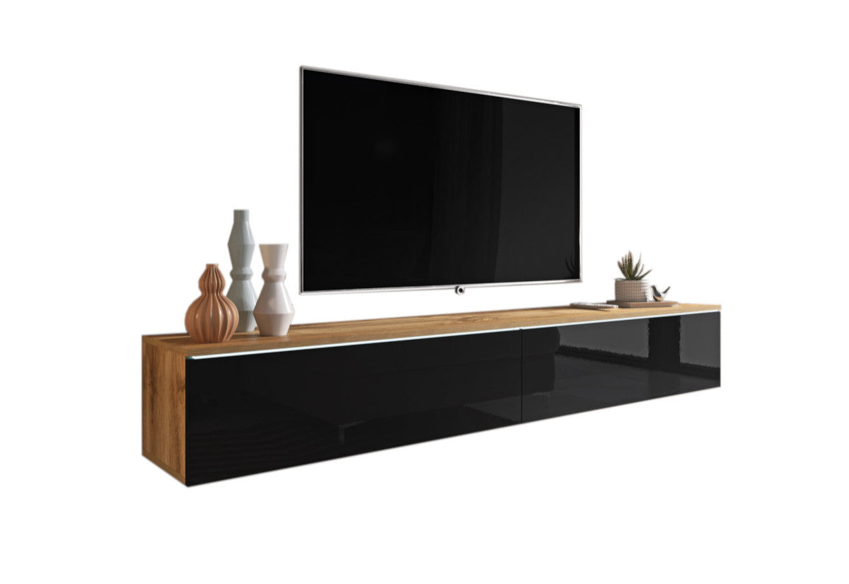 TV stolík LOWBOARD D 180, 180x30x32, dub wotan/čierna lesk + LED -  - 0